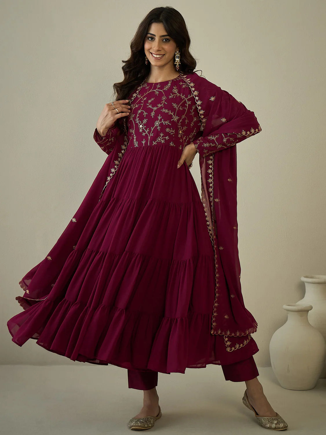 Floral Yoke Design Tiered Kurta with Trousers & With Dupatta