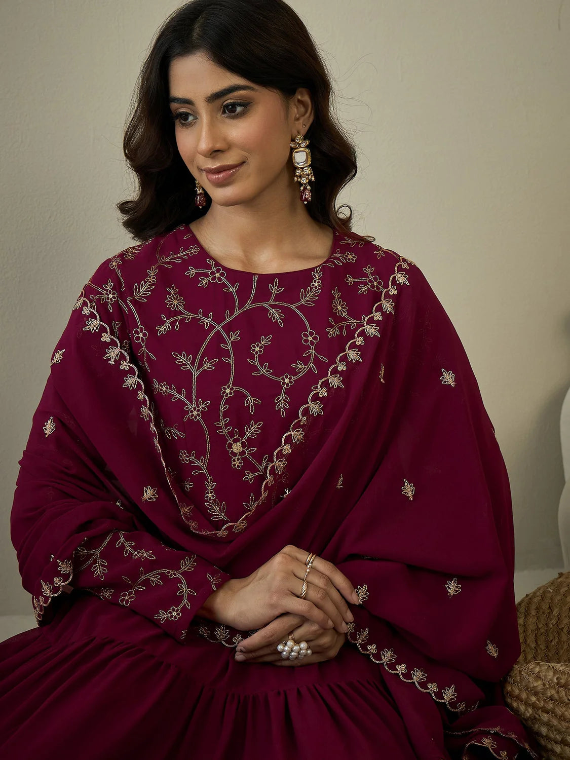 Floral Yoke Design Tiered Kurta with Trousers & With Dupatta