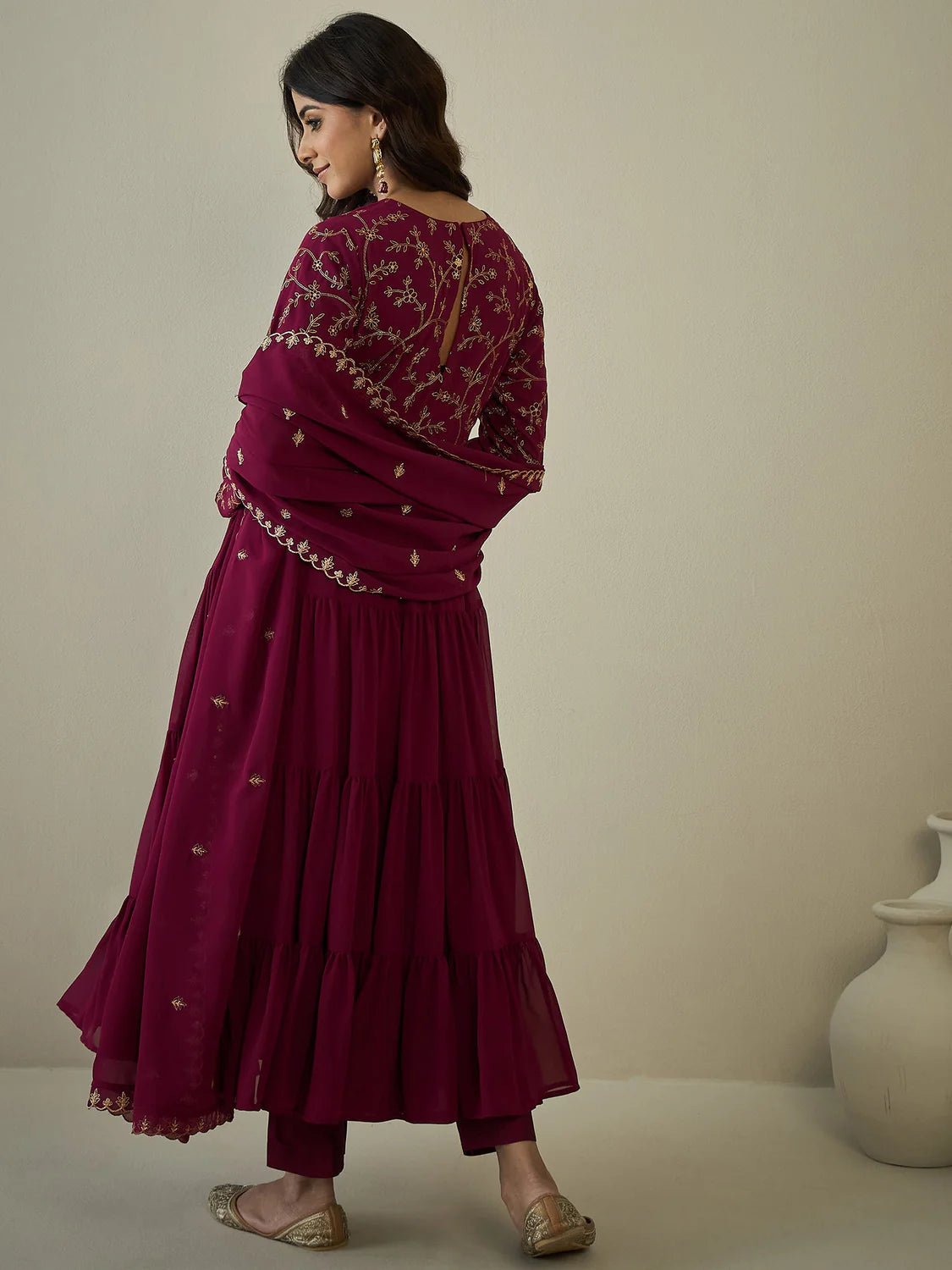 Floral Yoke Design Tiered Kurta with Trousers & With Dupatta