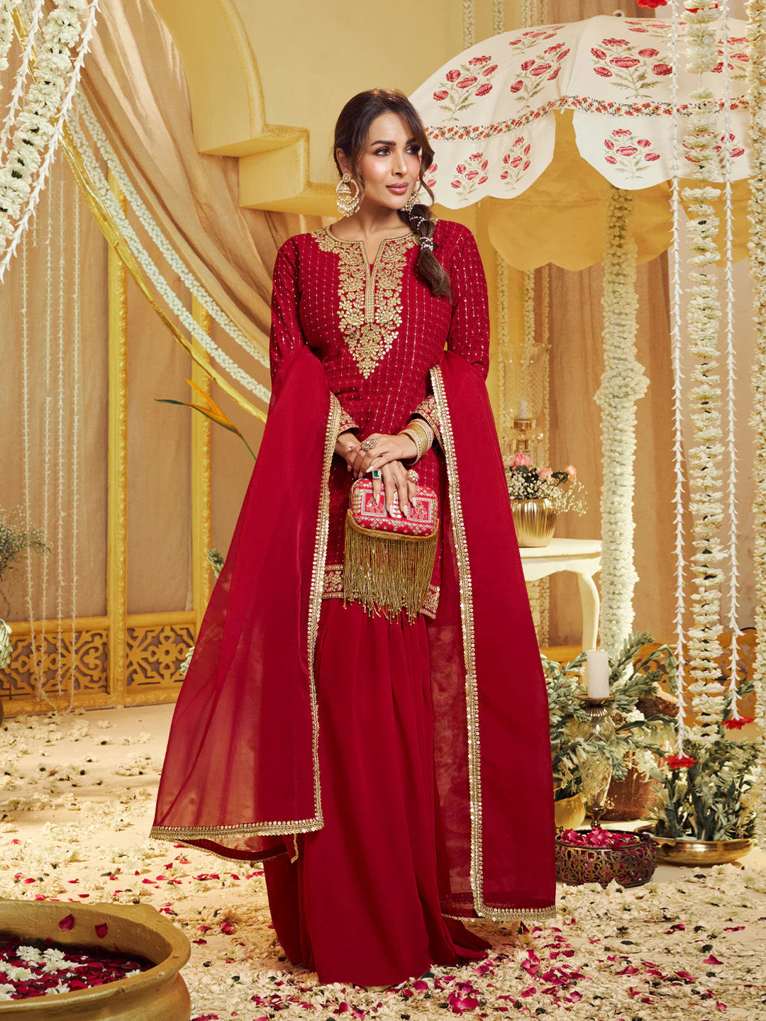 Floral Zari Embroidered Straight Kurta Set with Dupatta (Malaika Style)