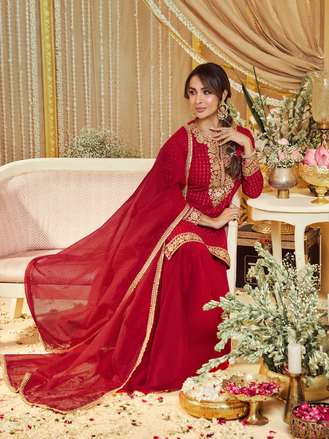 Floral Zari Embroidered Straight Kurta Set with Dupatta (Malaika Style)