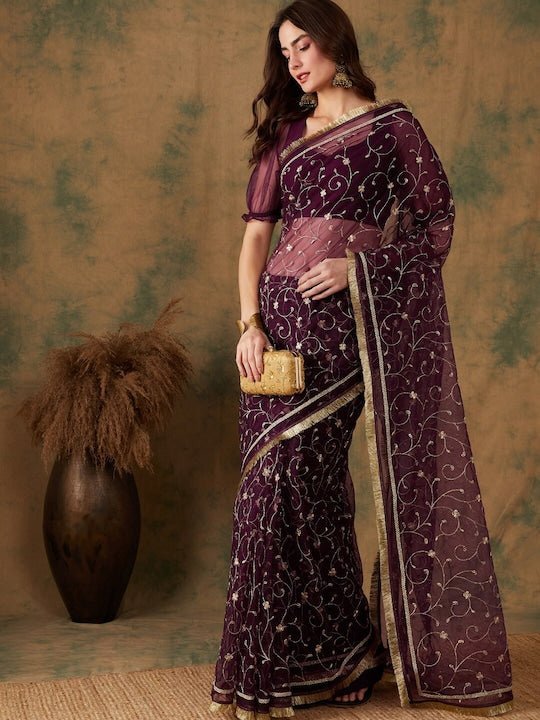 Floral Zari Jaal Embroidered Sarees