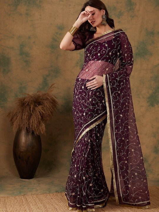 Floral Zari Jaal Embroidered Sarees