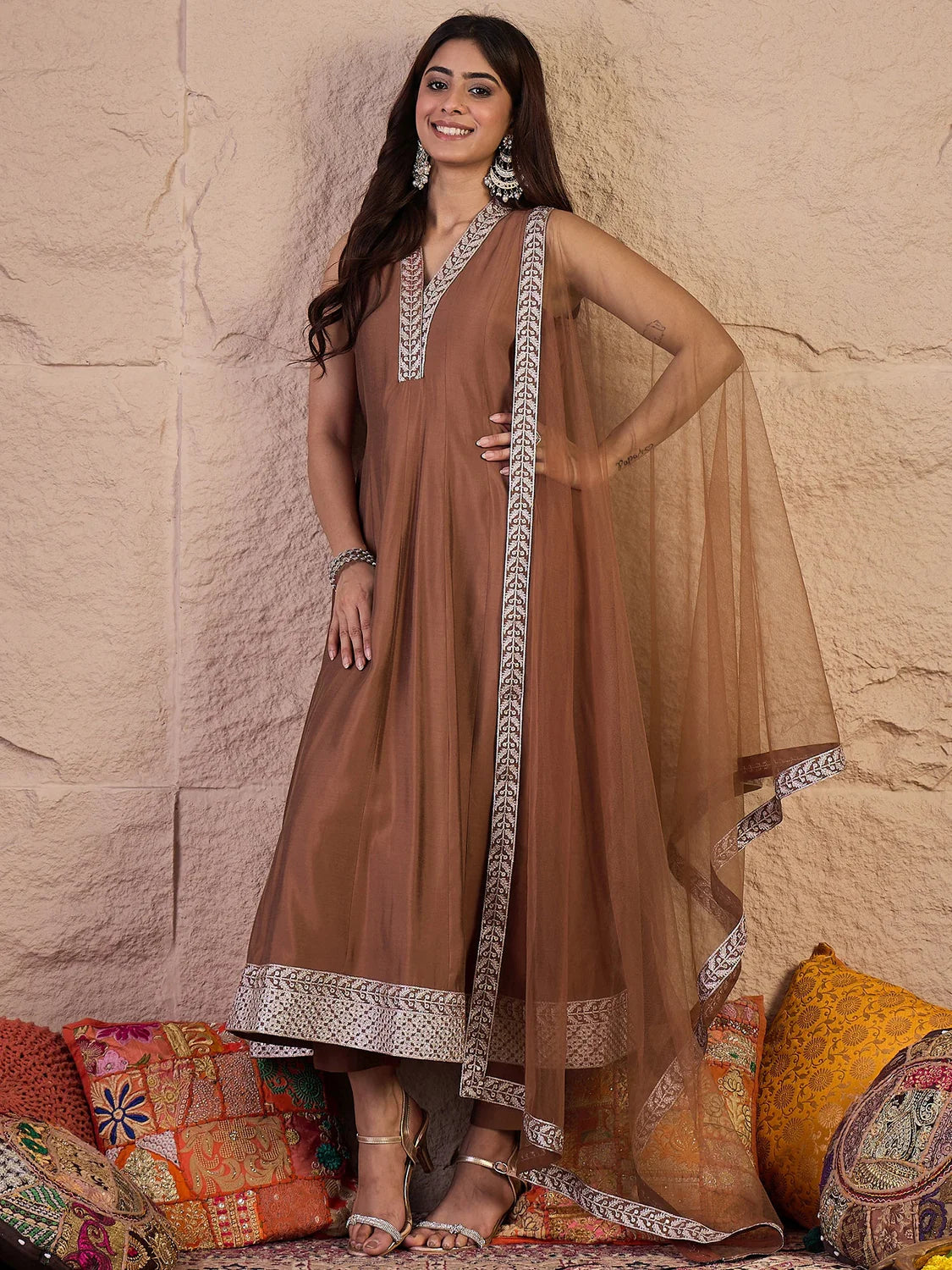 Floral Zari & Sequinned Embroidered Anarkali Kurta Set with Dupatta-