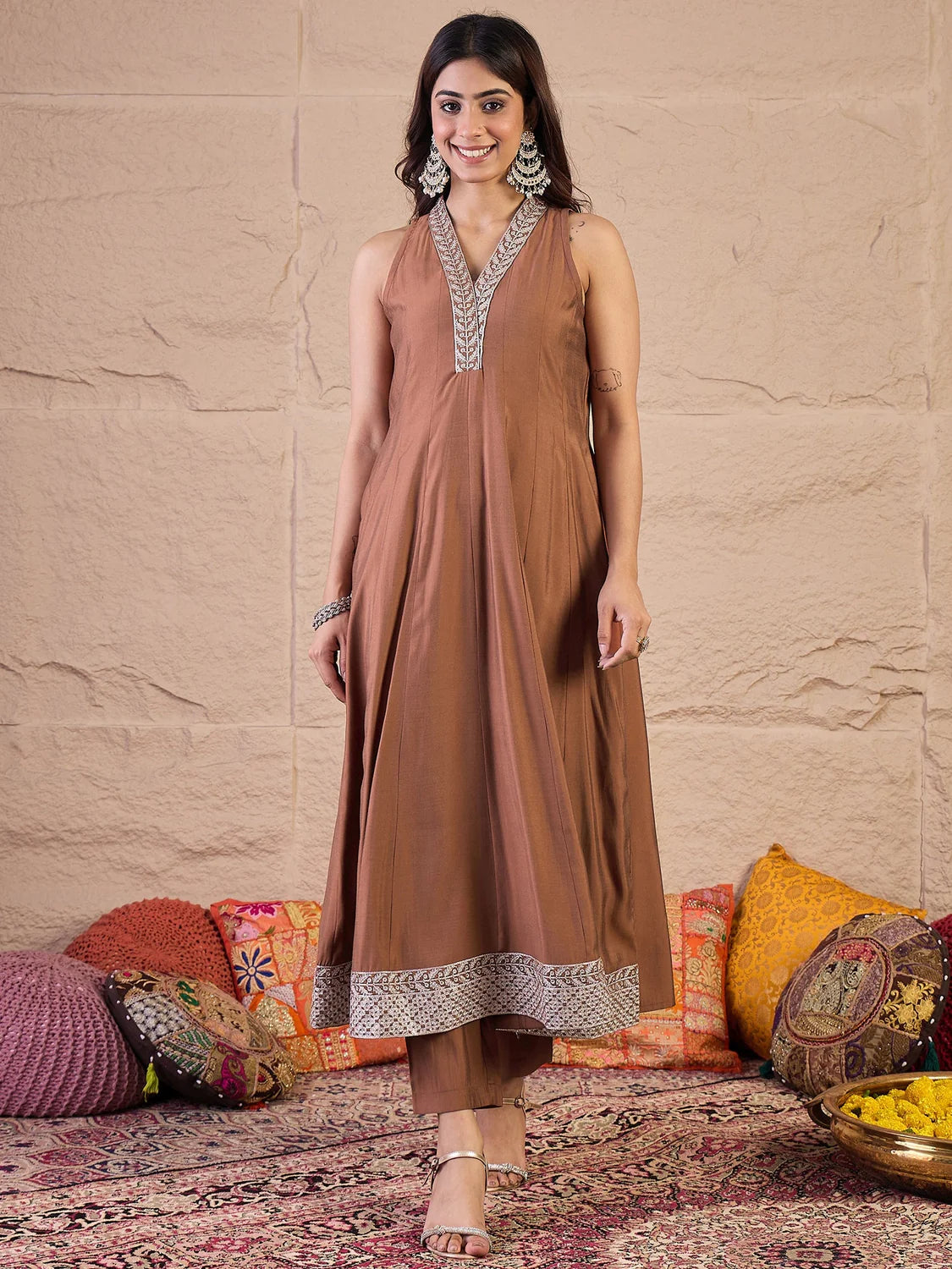 Floral Zari & Sequinned Embroidered Anarkali Kurta Set with Dupatta-