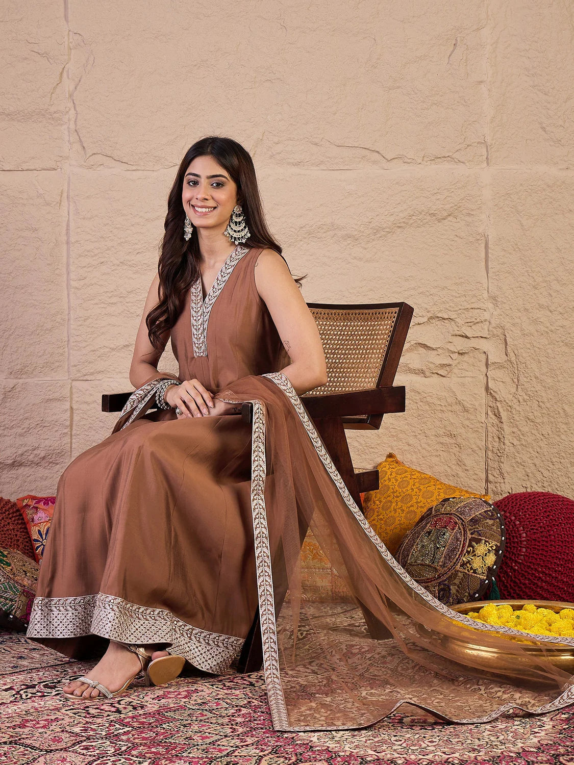 Floral Zari & Sequinned Embroidered Anarkali Kurta Set with Dupatta-