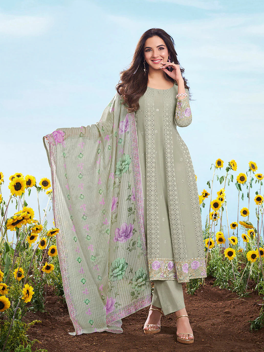 Green & Levender Emroidered Chikankari Anarkali Kurta & Trousers With Dupatta (Jasmin Bhasin Style)