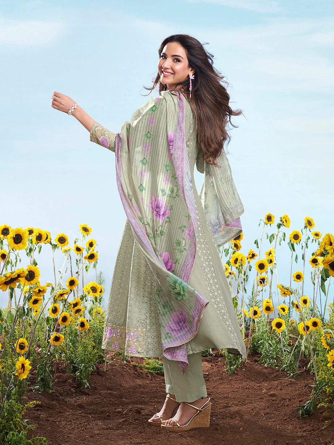 Green & Levender Emroidered Chikankari Anarkali Kurta & Trousers With Dupatta (Jasmin Bhasin Style)