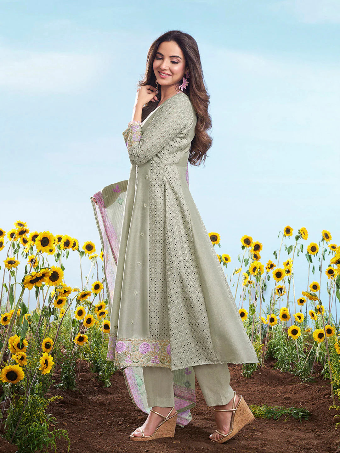 Green & Levender Emroidered Chikankari Anarkali Kurta & Trousers With Dupatta (Jasmin Bhasin Style)