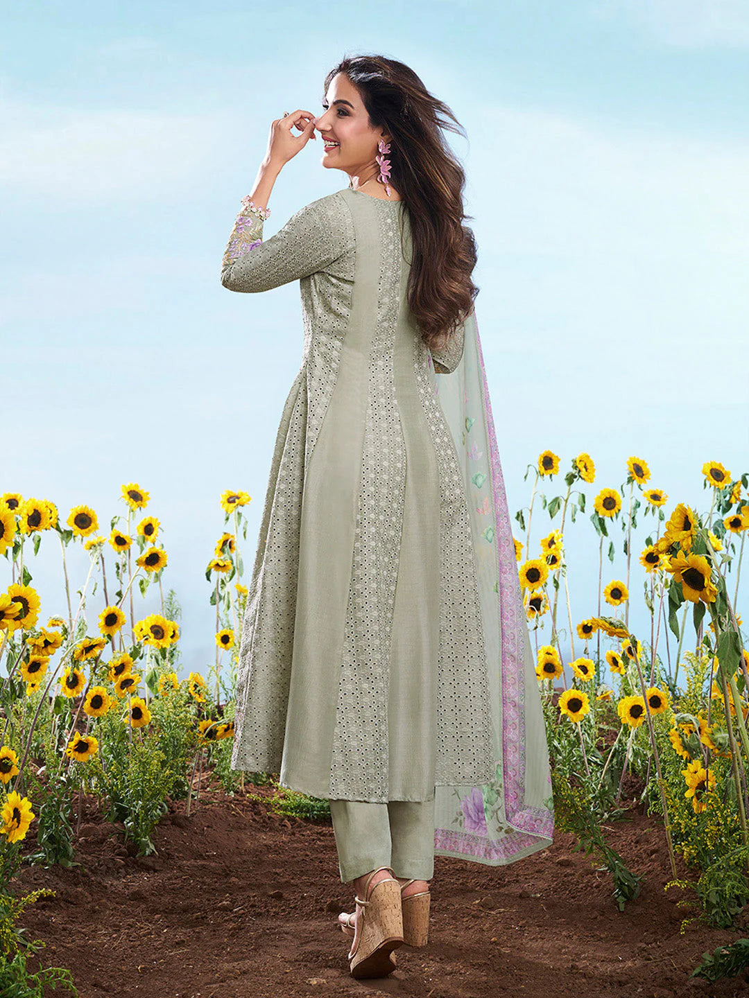 Green & Levender Emroidered Chikankari Anarkali Kurta & Trousers With Dupatta (Jasmin Bhasin Style)