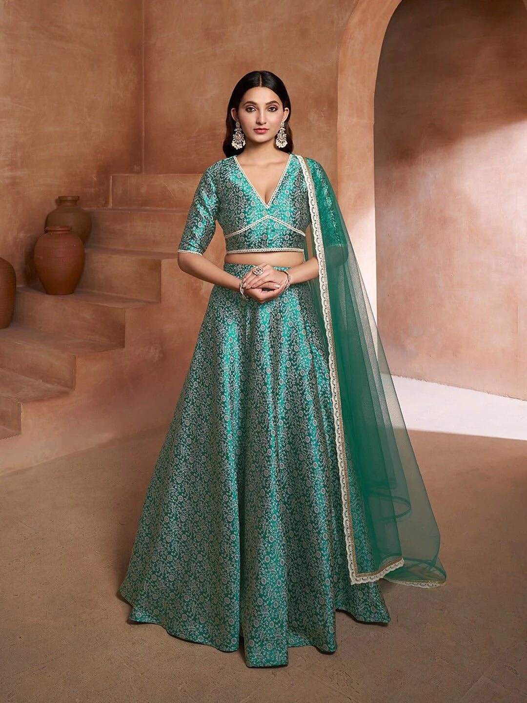 Green & White Woven Design Semi-Stitched Lehenga & Unstitiched Blouse With Dupatta