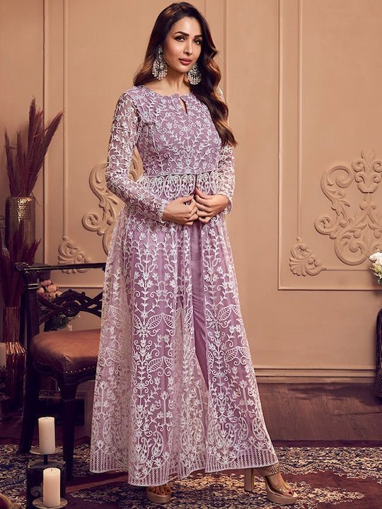 Lavender Floral Embroidered Keyhole Neck Long Sleeve High Slit Thread Work Kurta Set
