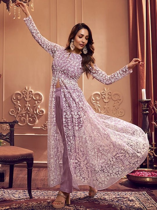 Lavender Floral Embroidered Keyhole Neck Long Sleeve High Slit Thread Work Kurta Set