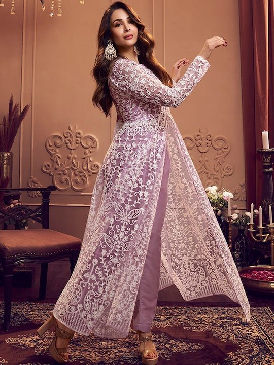 Lavender Floral Embroidered Keyhole Neck Long Sleeve High Slit Thread Work Kurta Set