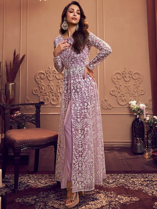 Lavender Floral Embroidered Keyhole Neck Long Sleeve High Slit Thread Work Kurta Set