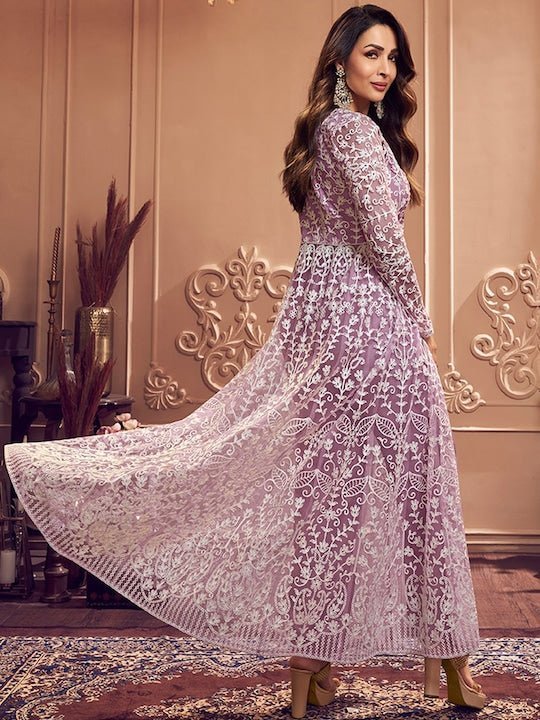 Lavender Floral Embroidered Keyhole Neck Long Sleeve High Slit Thread Work Kurta Set