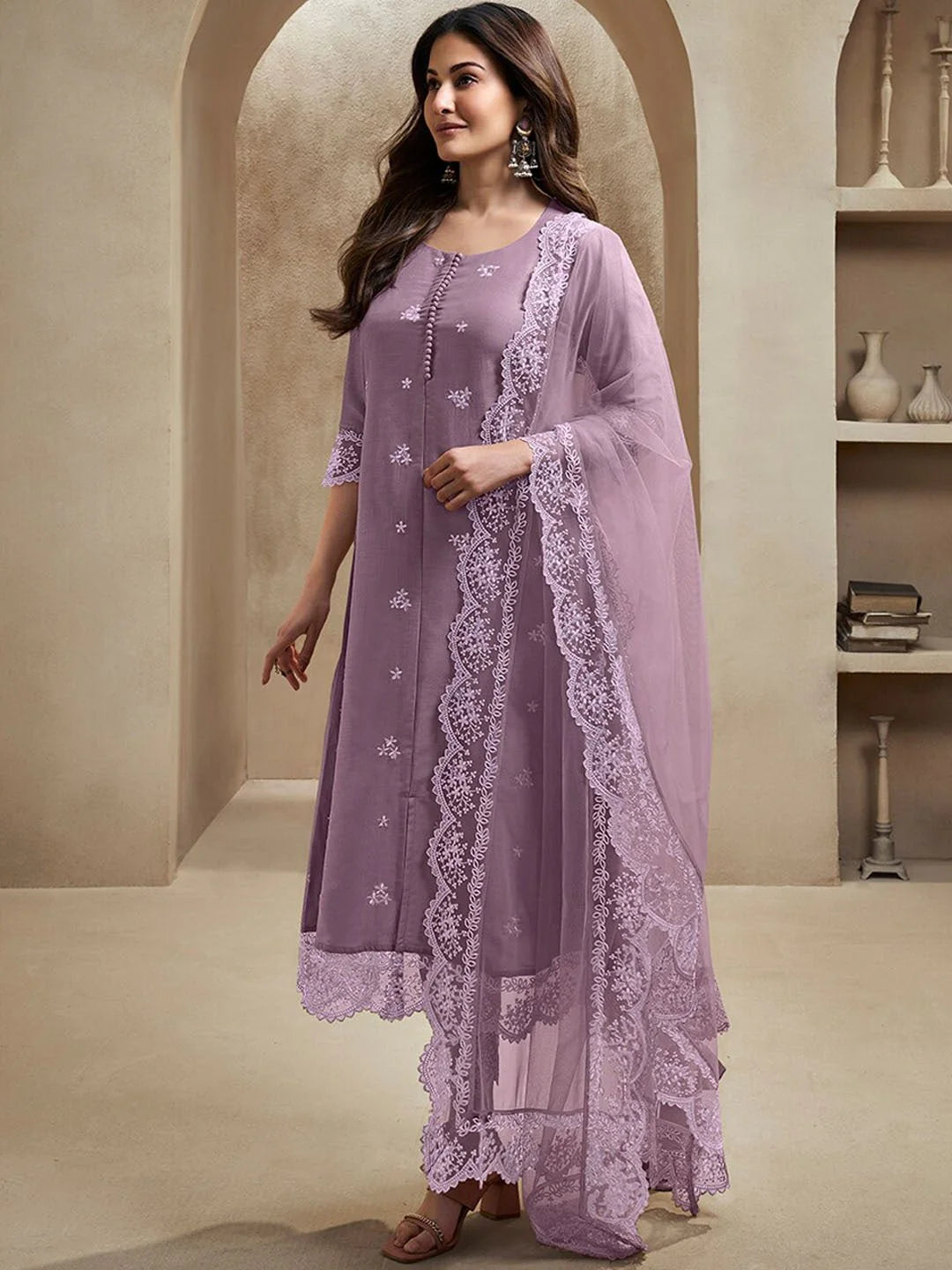 LAVENDER FLORAL EMBROIDERED REGULAR THREAD WORK A-LINE KURTA WITH TROUSERS & DUPATTA