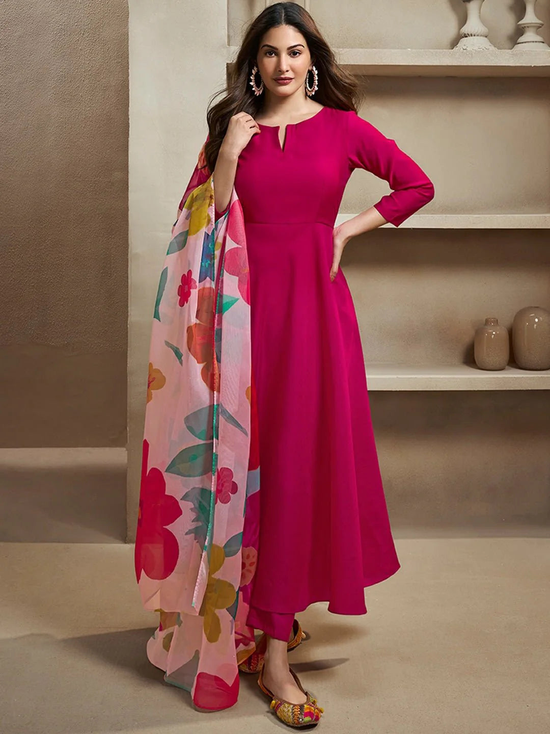 Magenta Notch Neck Floral Regular Pure Silk Anarkali Kurta With Trousers & Dupatta ( Amyra Dastur Style)