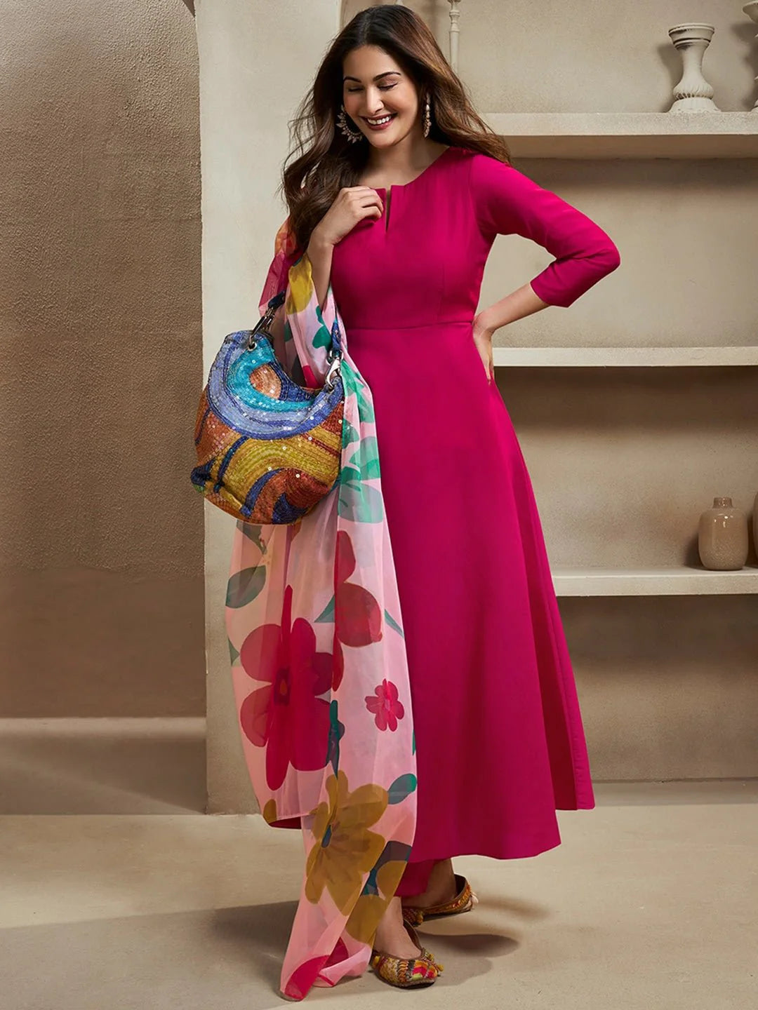 Magenta Notch Neck Floral Regular Pure Silk Anarkali Kurta With Trousers & Dupatta ( Amyra Dastur Style)