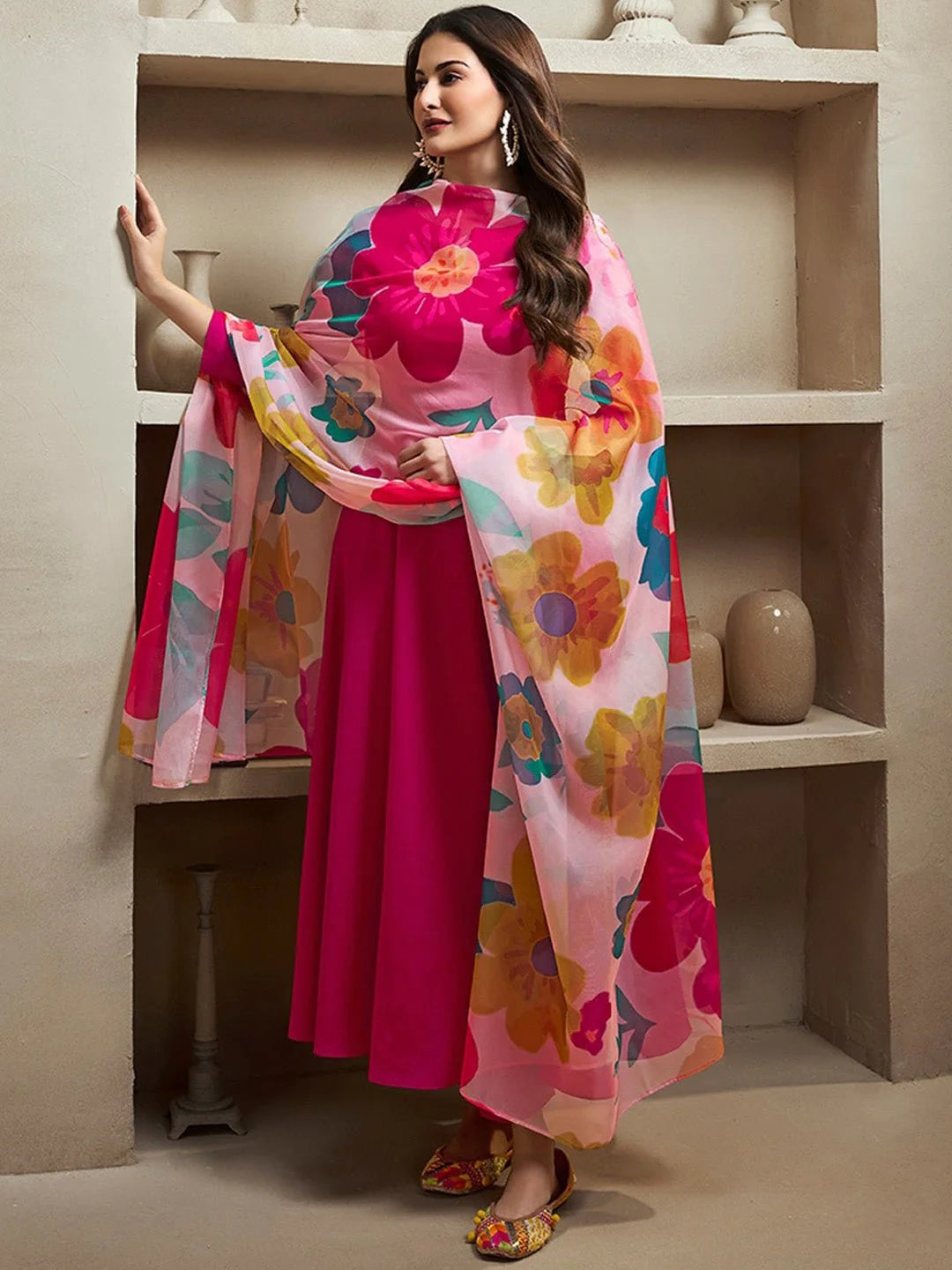 Magenta Notch Neck Floral Regular Pure Silk Anarkali Kurta With Trousers & Dupatta ( Amyra Dastur Style)