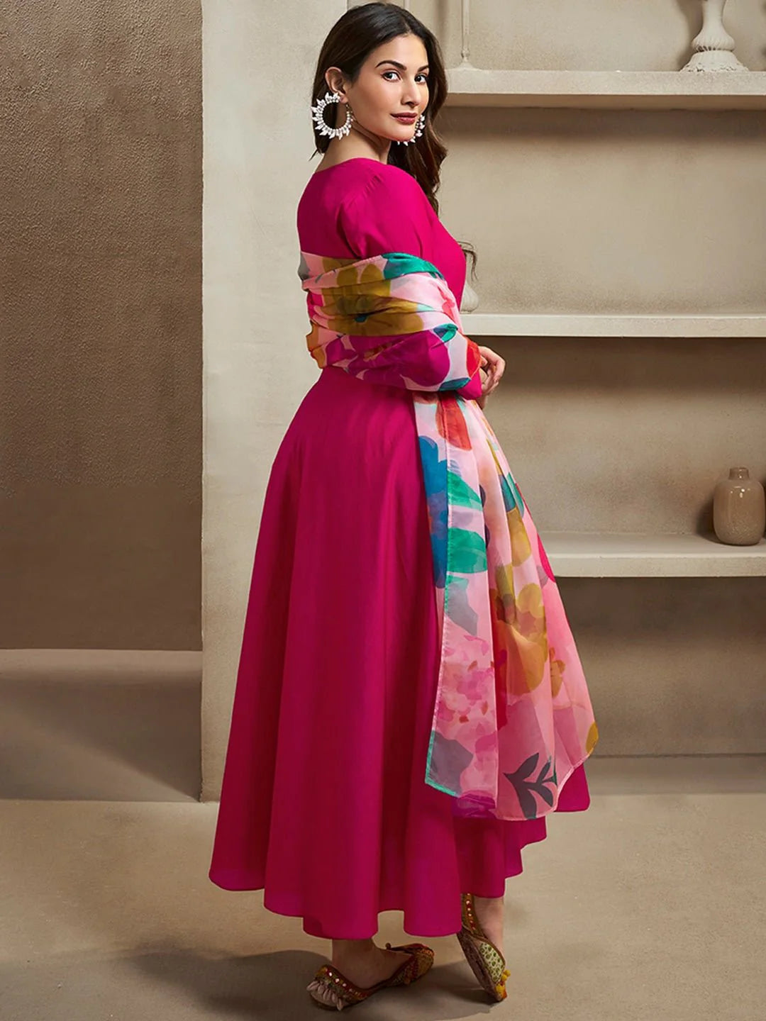 Magenta Notch Neck Floral Regular Pure Silk Anarkali Kurta With Trousers & Dupatta ( Amyra Dastur Style)