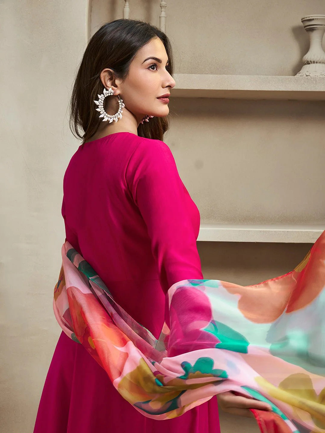 Magenta Notch Neck Floral Regular Pure Silk Anarkali Kurta With Trousers & Dupatta ( Amyra Dastur Style)
