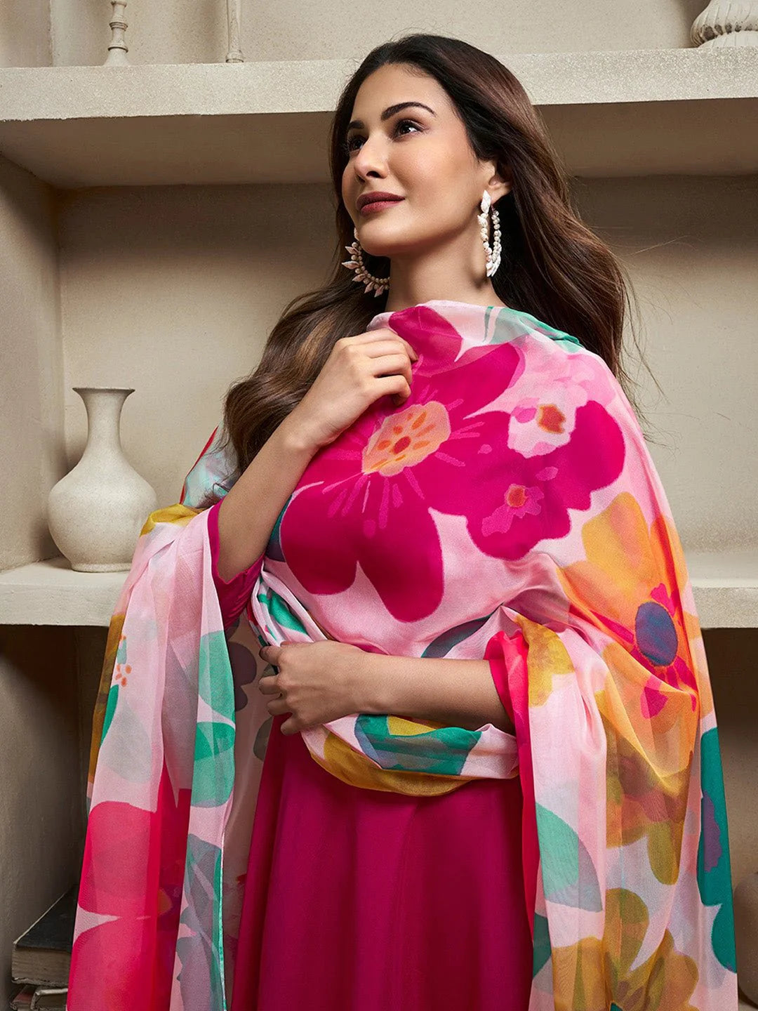Magenta Notch Neck Floral Regular Pure Silk Anarkali Kurta With Trousers & Dupatta ( Amyra Dastur Style)