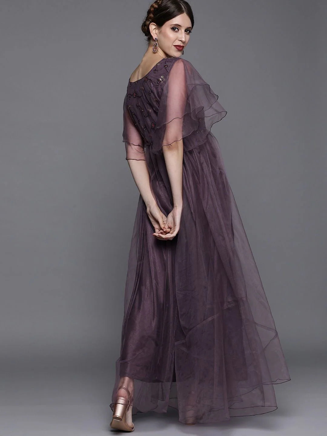 Mauve Net Embroidered Maxi Dress