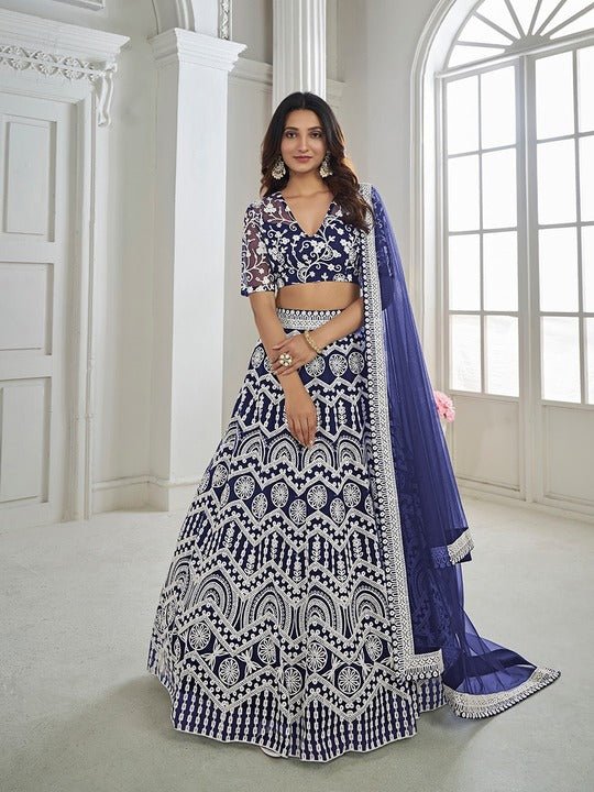 Navy Blue Emboidered Net Semi-Stitched Lehenga & Unstitched Blouse With Dupatta