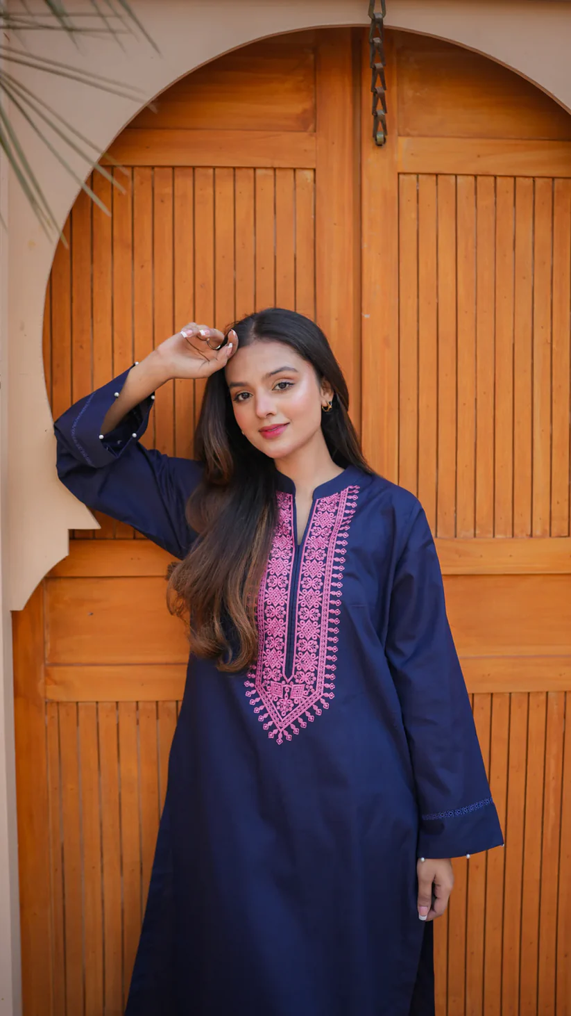 Navy Blue Kurta Set with Pink Embroidery