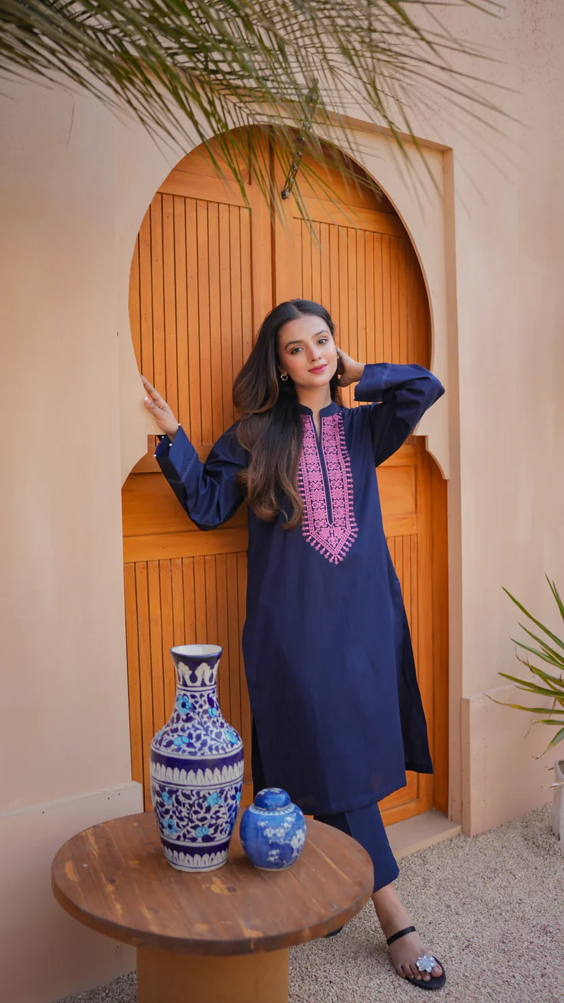 Navy Blue Kurta Set with Pink Embroidery