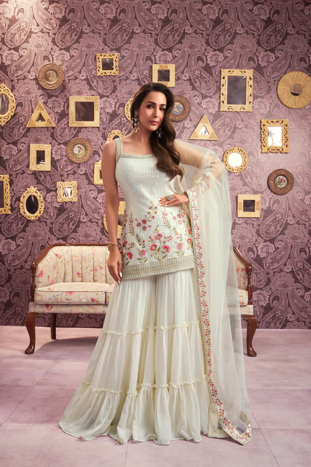 OFF WHITE FLORAL EMBROIDERED REGULAR SEQUINNED KURTI WITH SHARARA & WITH DUPATTA