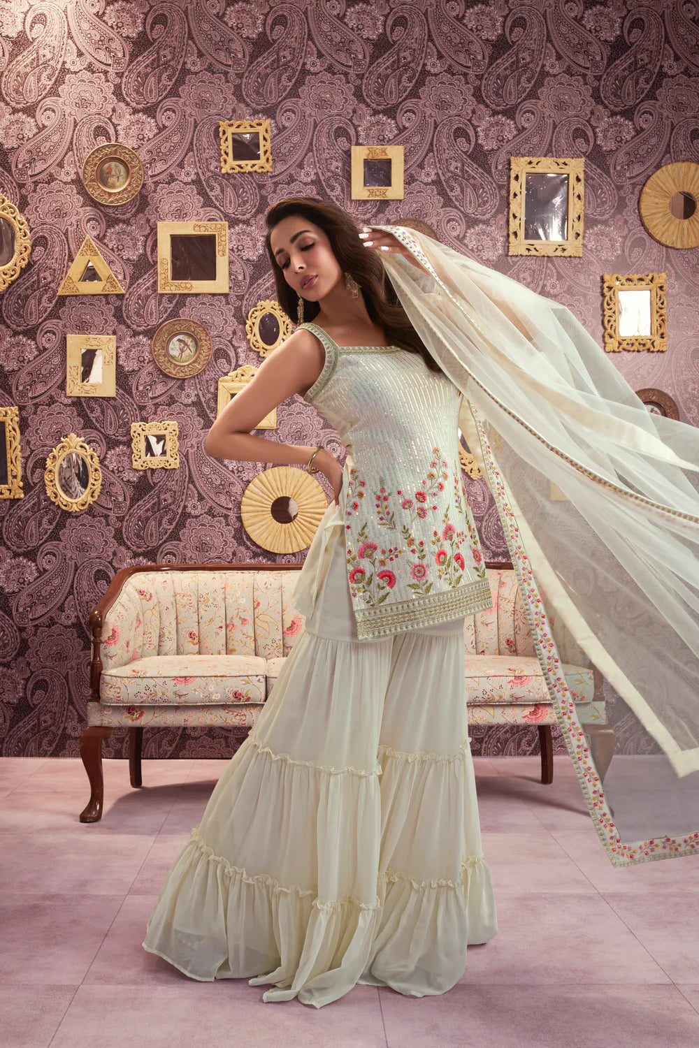 OFF WHITE FLORAL EMBROIDERED REGULAR SEQUINNED KURTI WITH SHARARA & WITH DUPATTA