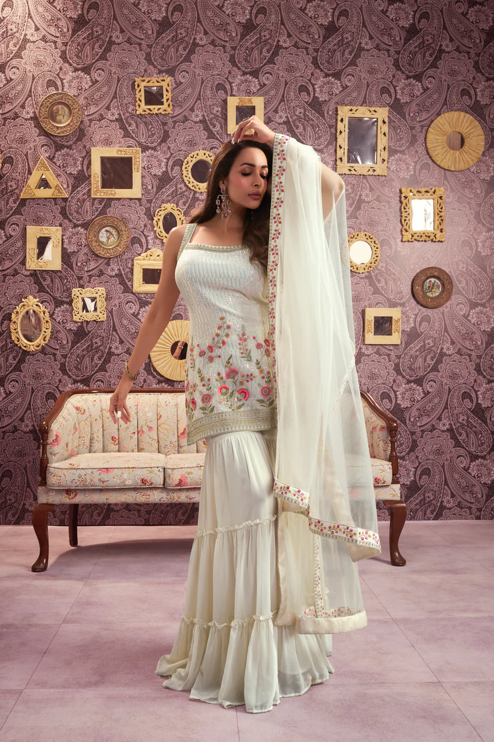 OFF WHITE FLORAL EMBROIDERED REGULAR SEQUINNED KURTI WITH SHARARA & WITH DUPATTA