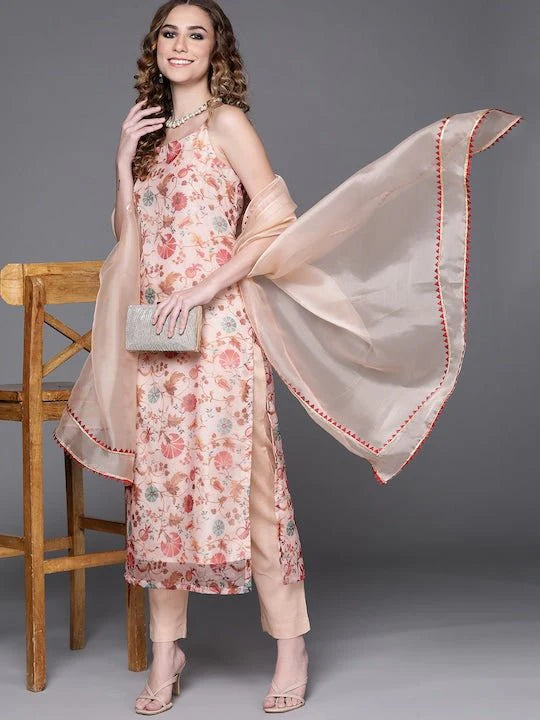 OFF WHITE ORGANZA DIGITAL PRINT KURTA WITH PANTS AND DUPATTA