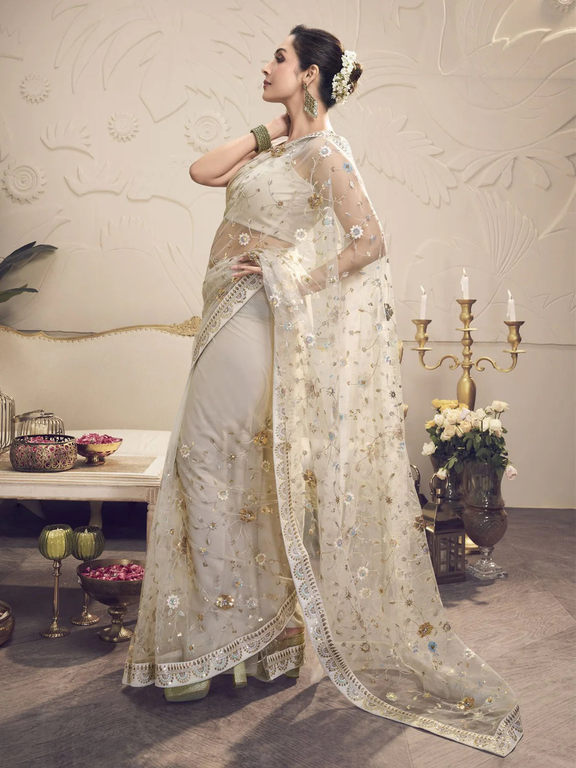 Off white and Gold Toned Embellished Sequinned Net Saree (Malaika Arora Style)