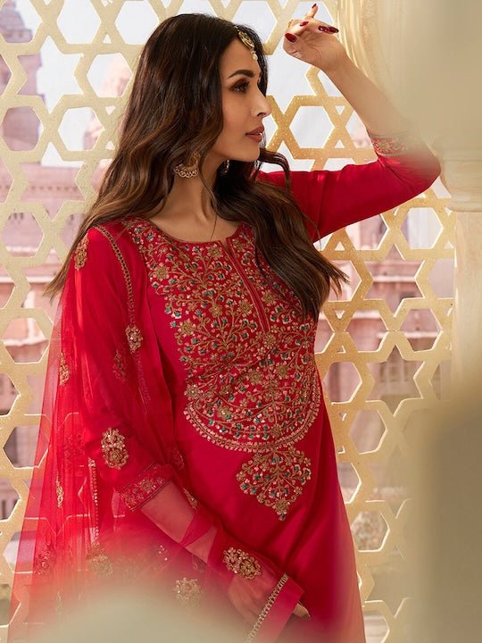 PURE SILK KURTA WITH TROUSERS & DUPATTA (FLORAL SEQUINNED YOKE DESIGN)