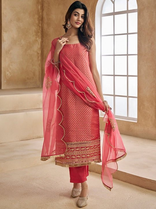Peach-Coloured Woven Design Thread Work Straight Kurta & Trousers With Dupatta