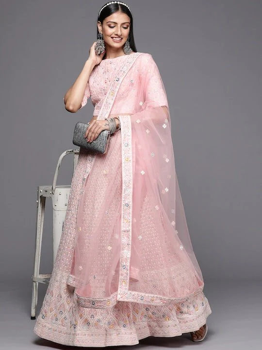 PINK EMBROIDERED SEQUINNED SEMI-STITCHED LEHENGA & UNSTITCHED BLOUSE WITH DUPATTA NET