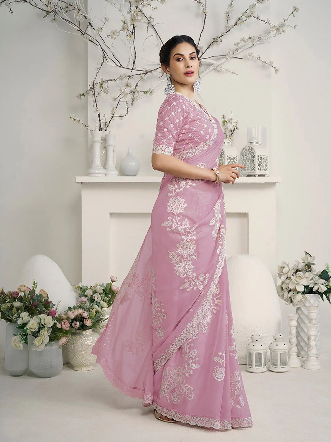 Pink Floral Embroidered Organza Saree