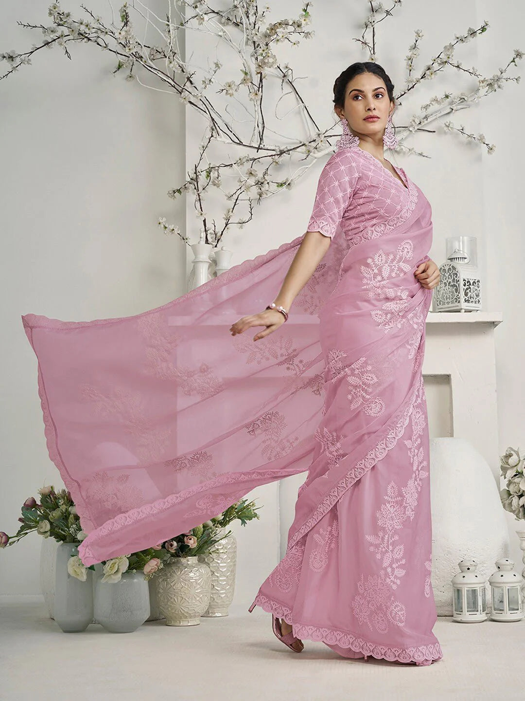 Pink Floral Embroidered Organza Saree