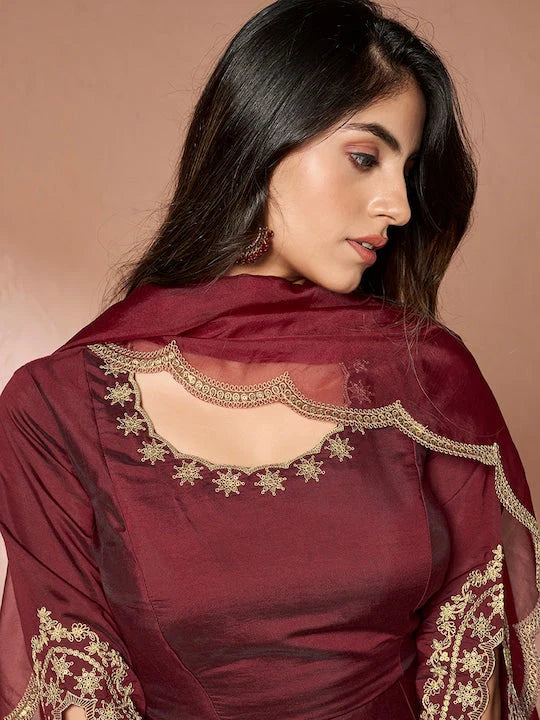 Pure Silk Anarkali Kurta With Palazzos & Dupatta