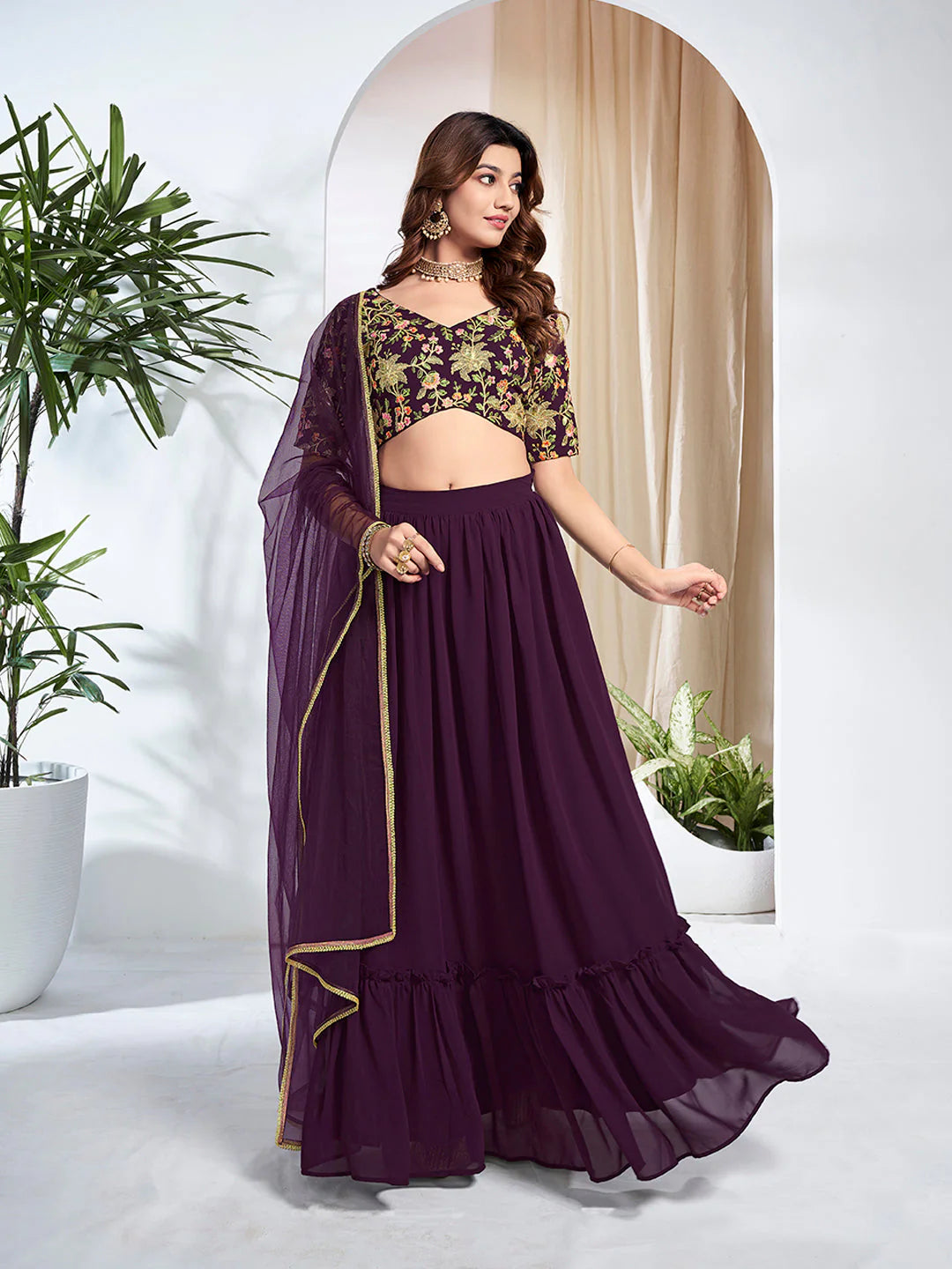 PURPLE COLOR EMBROIDERED THREAD WORK SEMI-STITCHED LEHENGA & UNSTITCHED BLOUSE WITH DUPATTA