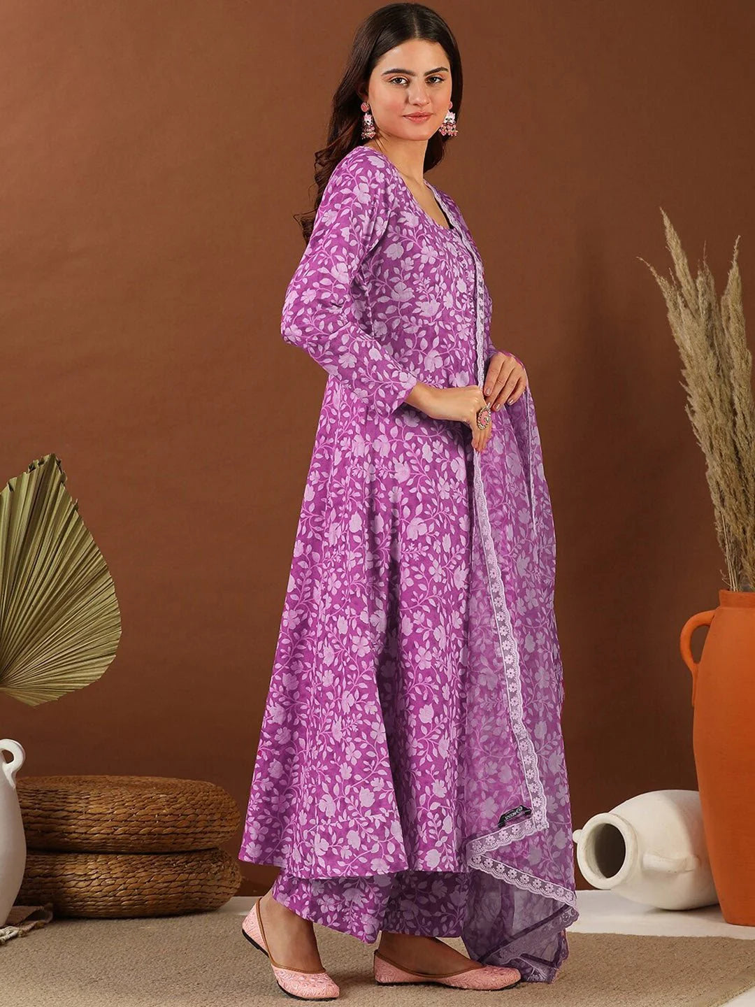 Purple Floral Printed Anarkali Kurta Set