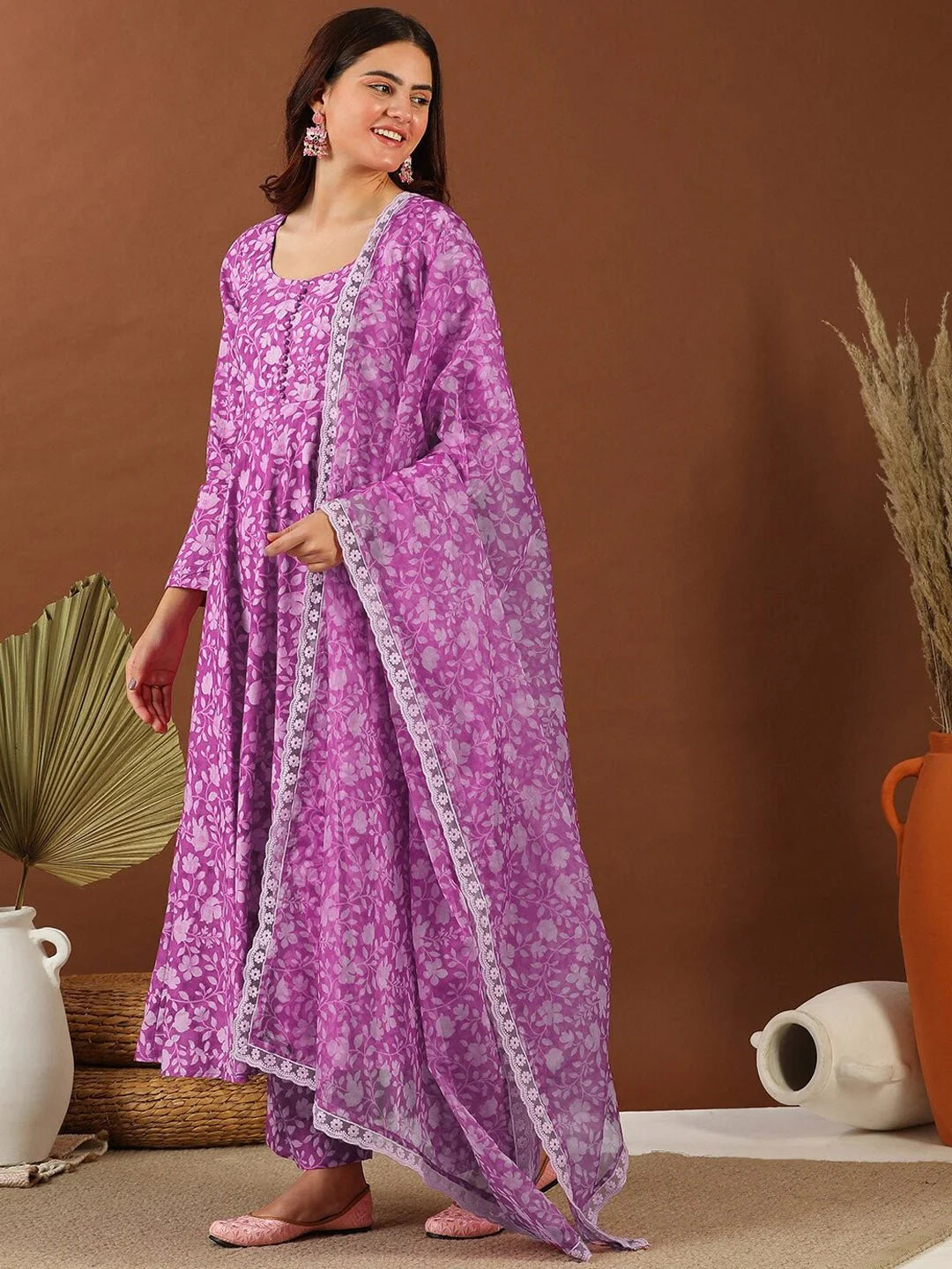 Purple Floral Printed Anarkali Kurta Set