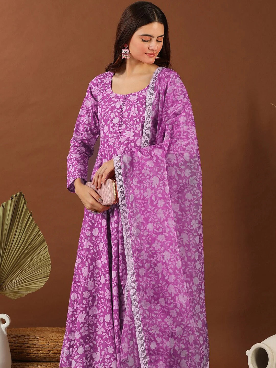 Purple Floral Printed Anarkali Kurta Set