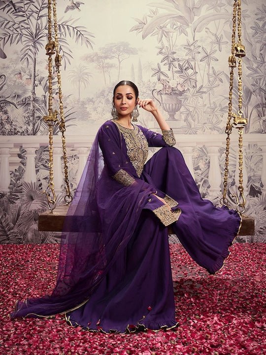 ROUND NECK SEQUINS CHANDERI COTTON KURTA SET WITH DUPATTA (FLORAL YOKE DESIGN)