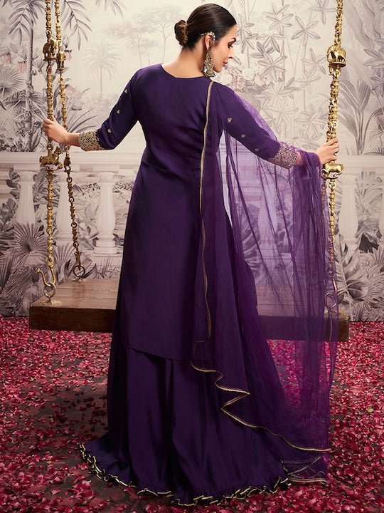 ROUND NECK SEQUINS CHANDERI COTTON KURTA SET WITH DUPATTA (FLORAL YOKE DESIGN)