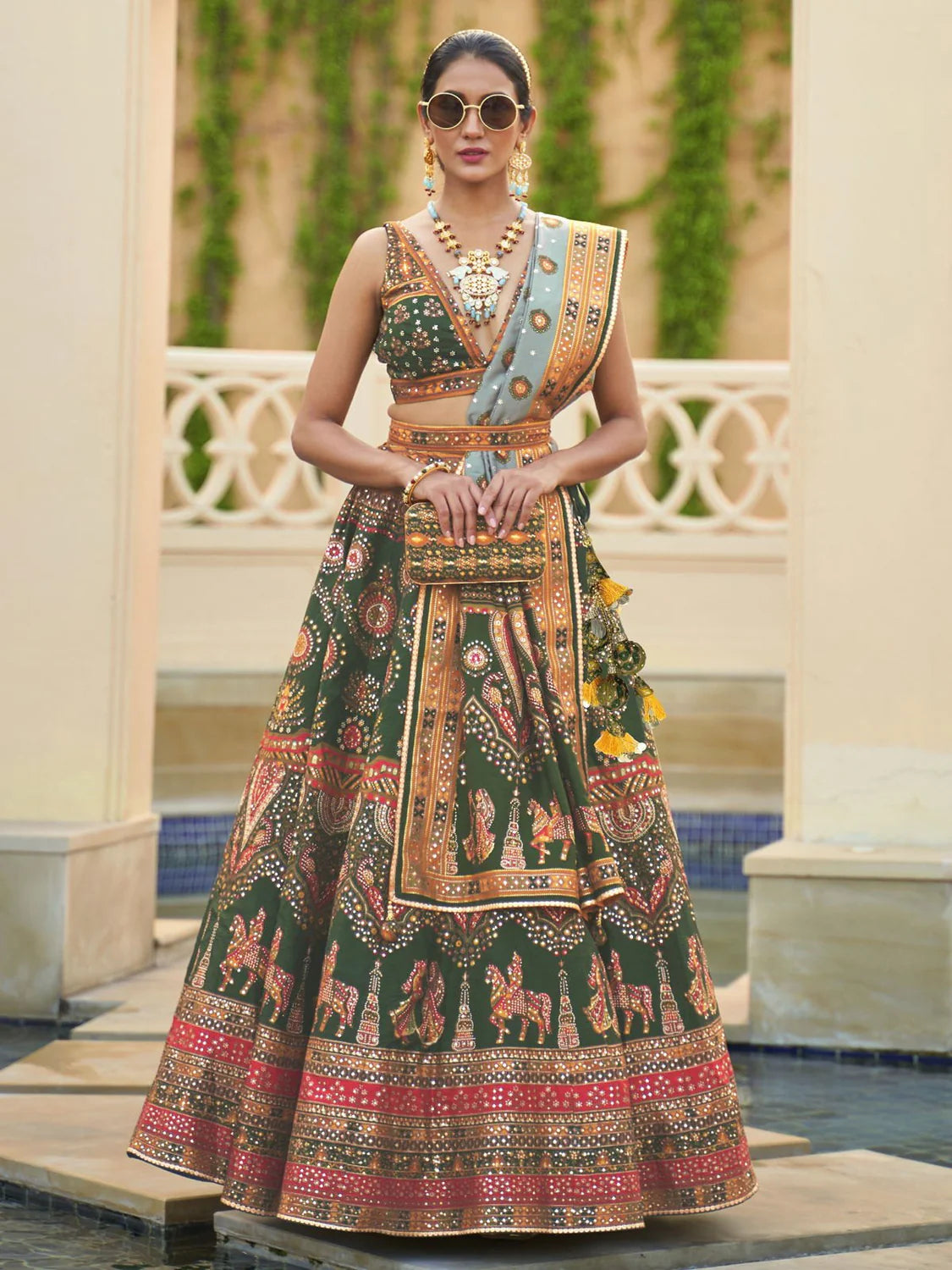 SEQUENCE EMBROIDERED LEHENGA CHOLI (GREEN AND GOLD)