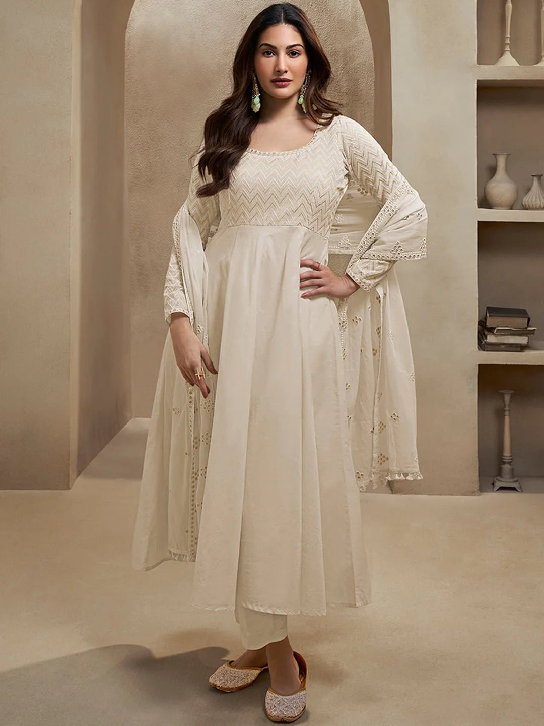 Sequinned Embroidered Empire Thread Work Anarkali Kurta with Trousers & Dupatta (Amyra Dastur Style)